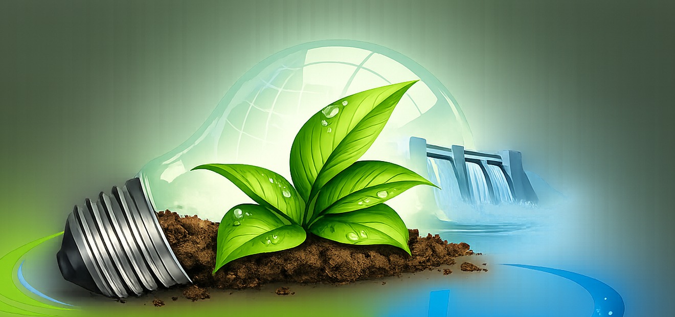 Glühlampe mit grüner Pflanze und Wasserkraftwerk als energysky Bildmotiv